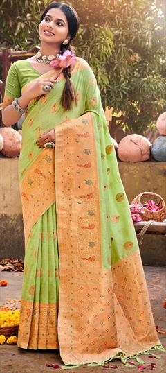 Party Wear, Traditional Green color Saree in Cotton fabric with Bengali Weaving, Zari work : 1928972