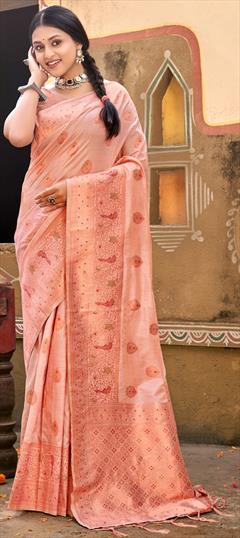 Party Wear, Traditional Pink and Majenta color Saree in Cotton fabric with Bengali Weaving, Zari work : 1928976