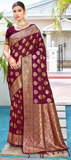 Party Wear, Traditional Red and Maroon color Saree in Art Silk, Silk fabric with South Weaving, Zari work : 1928982