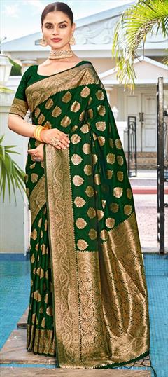 Party Wear, Traditional Green color Saree in Art Silk, Silk fabric with South Weaving, Zari work : 1928983