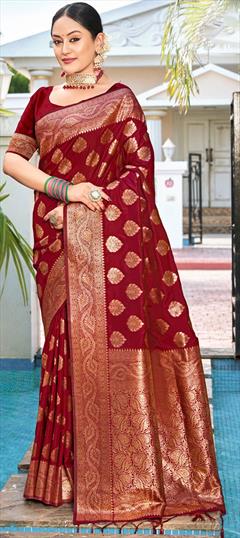 Party Wear, Traditional Red and Maroon color Saree in Art Silk, Silk fabric with South Weaving, Zari work : 1928984