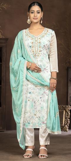 Festive, Party Wear, Reception White and Off White color Salwar Kameez in Chanderi Silk fabric with Straight Floral, Printed, Stone work : 1928996