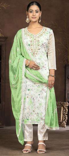 Festive, Party Wear, Reception White and Off White color Salwar Kameez in Chanderi Silk fabric with Straight Floral, Printed, Stone work : 1928997