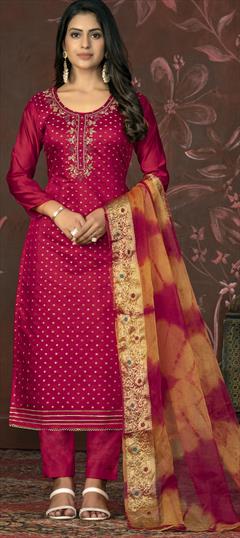 Festive, Party Wear, Reception Pink and Majenta color Salwar Kameez in Chanderi Silk fabric with Straight Bugle Beads, Cut Dana, Weaving work : 1928998