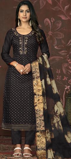 Festive, Party Wear, Reception Black and Grey color Salwar Kameez in Chanderi Silk fabric with Straight Bugle Beads, Cut Dana, Weaving work : 1929000