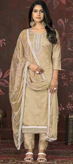 Festive, Party Wear, Reception Beige and Brown color Salwar Kameez in Chanderi Silk fabric with Straight Bugle Beads, Weaving work : 1929001