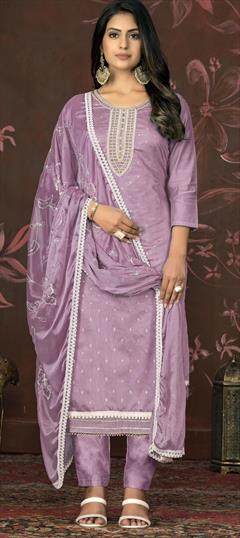 Festive, Party Wear, Reception Purple and Violet color Salwar Kameez in Chanderi Silk fabric with Straight Bugle Beads, Weaving work : 1929004