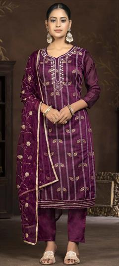 Festive, Party Wear, Reception Purple and Violet color Salwar Kameez in Chanderi Silk fabric with Straight Embroidered, Thread, Weaving, Zari work : 1929015