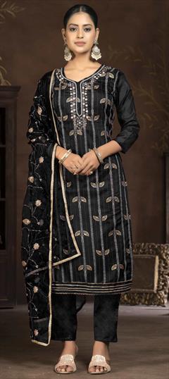 Festive, Party Wear, Reception Black and Grey color Salwar Kameez in Chanderi Silk fabric with Straight Embroidered, Thread, Weaving, Zari work : 1929018