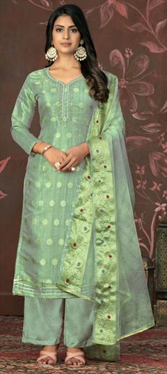 Festive, Party Wear, Reception Green color Salwar Kameez in Chanderi Silk fabric with Straight Bugle Beads, Cut Dana, Thread, Weaving work : 1929019