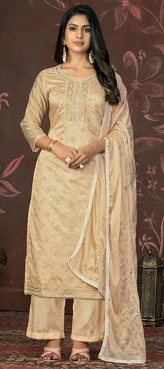 Festive, Party Wear Pink and Majenta color Salwar Kameez in Chanderi Silk fabric with Palazzo, Straight Bugle Beads, Cut Dana, Weaving work : 1929020