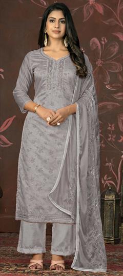 Festive, Party Wear Black and Grey color Salwar Kameez in Chanderi Silk fabric with Palazzo, Straight Bugle Beads, Cut Dana, Weaving work : 1929021