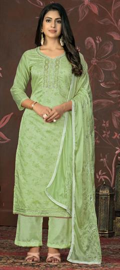 Festive, Party Wear Green color Salwar Kameez in Chanderi Silk fabric with Palazzo, Straight Bugle Beads, Cut Dana, Weaving work : 1929022