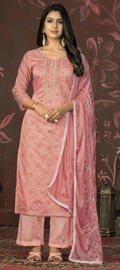 Festive, Party Wear Pink and Majenta color Salwar Kameez in Chanderi Silk fabric with Palazzo, Straight Bugle Beads, Cut Dana, Weaving work : 1929023