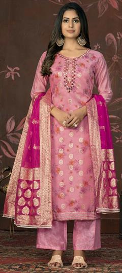 Festive, Party Wear Pink and Majenta color Salwar Kameez in Chanderi Silk fabric with Straight Cut Dana, Floral, Mirror, Printed, Weaving work : 1929030