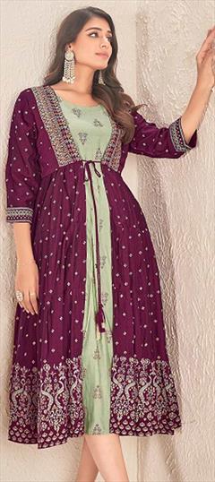Festive, Party Wear Purple and Violet color Kurti in Cotton fabric with Anarkali, Long Sleeve Foil Print work : 1929062