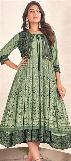 Festive, Party Wear Green color Kurti in Cotton fabric with Anarkali, Long Sleeve Foil Print work : 1929063