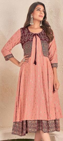 Festive, Party Wear Pink and Majenta color Kurti in Cotton fabric with Anarkali, Long Sleeve Foil Print work : 1929064