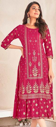 Festive, Party Wear Pink and Majenta color Kurti in Cotton fabric with Anarkali, Long Sleeve Foil Print work : 1929065