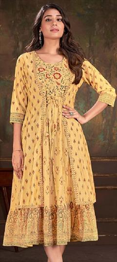 Festive, Party Wear Yellow color Kurti in Cotton fabric with Anarkali, Long Sleeve Foil Print work : 1929066