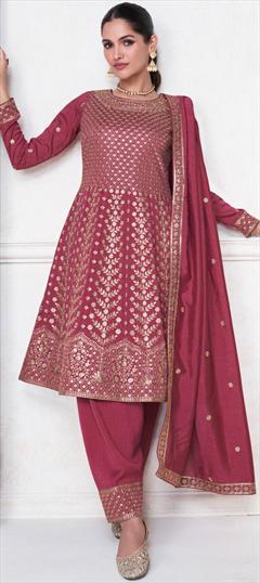 Engagement, Festive, Reception Pink and Majenta color Salwar Kameez in Silk fabric with Anarkali, Patiala Thread, Zari work : 1929071