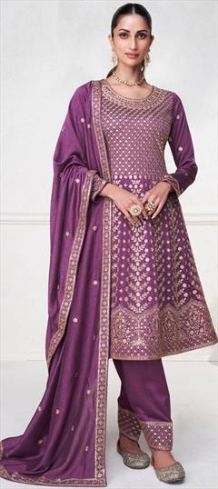 Engagement, Festive, Reception Purple and Violet color Salwar Kameez in Silk fabric with Anarkali, Patiala Thread, Zari work : 1929072