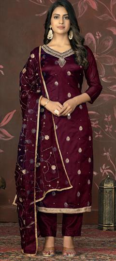 Festive, Party Wear Red and Maroon color Salwar Kameez in Organza Silk fabric with Straight Embroidered, Sequence, Weaving work : 1929074