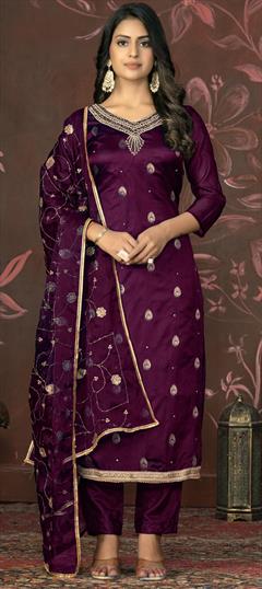 Festive, Party Wear Purple and Violet color Salwar Kameez in Organza Silk fabric with Straight Embroidered, Sequence, Weaving work : 1929075