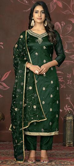Festive, Party Wear Green color Salwar Kameez in Organza Silk fabric with Straight Embroidered, Sequence, Weaving work : 1929076
