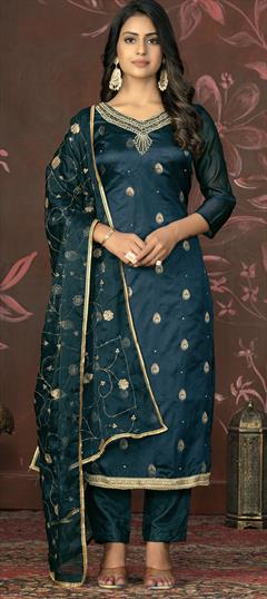 Festive, Party Wear Blue color Salwar Kameez in Organza Silk fabric with Straight Embroidered, Sequence, Weaving work : 1929077