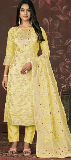 Festive, Party Wear Yellow color Salwar Kameez in Banarasi Silk fabric with Straight Embroidered, Sequence, Weaving work : 1929079