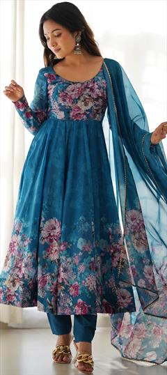 Festive, Reception, Wedding Blue color Salwar Kameez in Organza Silk fabric with Anarkali Floral, Printed work : 1929111