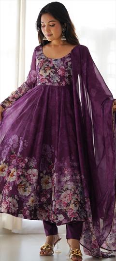 Festive, Reception, Wedding Purple and Violet color Salwar Kameez in Organza Silk fabric with Anarkali Floral, Printed work : 1929117