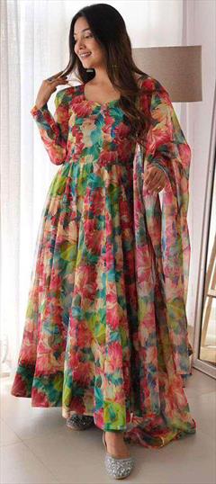 Festive, Reception, Wedding Multicolor color Salwar Kameez in Organza Silk fabric with Anarkali Floral, Printed work : 1929120