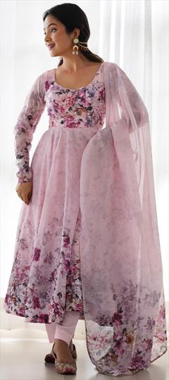 Festive, Reception, Wedding Pink and Majenta color Salwar Kameez in Organza Silk fabric with Anarkali Floral, Printed work : 1929121