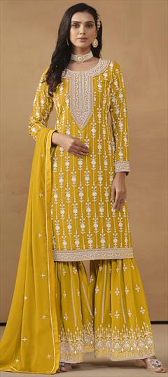 Festive, Reception, Wedding Yellow color Salwar Kameez in Faux Georgette fabric with Sharara, Straight Embroidered, Resham, Thread work : 1929150