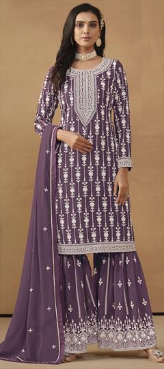 Festive, Reception, Wedding Purple and Violet color Salwar Kameez in Faux Georgette fabric with Sharara, Straight Embroidered, Resham, Thread work : 1929152