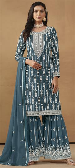 Festive, Reception, Wedding Blue color Salwar Kameez in Faux Georgette fabric with Sharara, Straight Embroidered, Resham, Thread work : 1929153