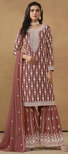 Festive, Reception, Wedding Beige and Brown color Salwar Kameez in Faux Georgette fabric with Sharara, Straight Embroidered, Resham, Thread work : 1929154