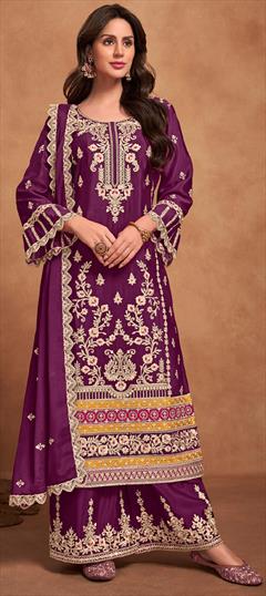 Festive, Reception, Wedding Purple and Violet color Salwar Kameez in Art Silk fabric with Pakistani, Palazzo, Straight Embroidered, Thread, Zari work : 1929155