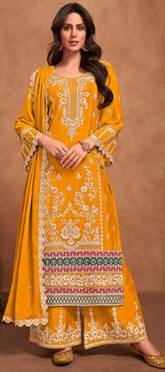 Festive, Reception, Wedding Yellow color Salwar Kameez in Art Silk fabric with Pakistani, Palazzo, Straight Embroidered, Thread, Zari work : 1929156