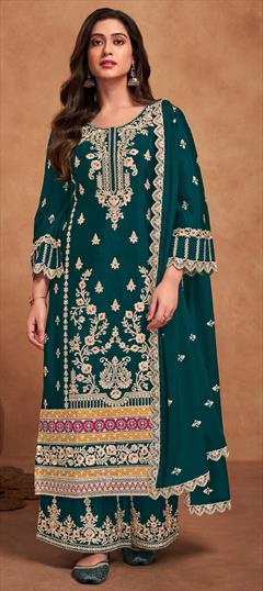 Festive, Reception, Wedding Green color Salwar Kameez in Art Silk fabric with Pakistani, Palazzo, Straight Embroidered, Thread, Zari work : 1929157