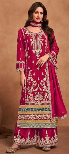 Festive, Reception, Wedding Pink and Majenta color Salwar Kameez in Art Silk fabric with Pakistani, Palazzo, Straight Embroidered, Thread, Zari work : 1929158