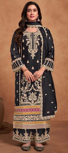 Festive, Reception, Wedding Black and Grey color Salwar Kameez in Art Silk fabric with Pakistani, Palazzo, Straight Embroidered, Thread, Zari work : 1929159