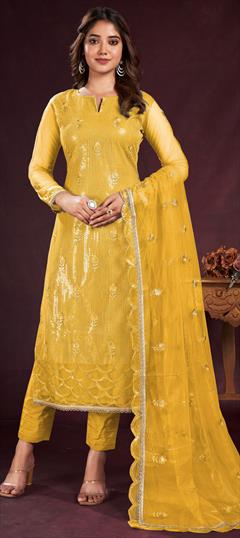 Festive, Party Wear, Reception Yellow color Salwar Kameez in Net fabric with Straight Embroidered, Sequence, Thread work : 1929168