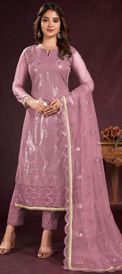 Festive, Party Wear, Reception Pink and Majenta color Salwar Kameez in Net fabric with Straight Embroidered, Sequence, Thread work : 1929175