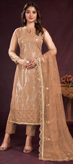 Festive, Party Wear, Reception Beige and Brown color Salwar Kameez in Net fabric with Straight Embroidered, Sequence, Thread work : 1929176