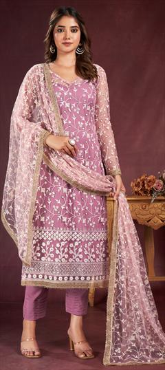Festive, Party Wear, Reception Pink and Majenta color Salwar Kameez in Net fabric with Straight Embroidered, Sequence, Thread work : 1929177