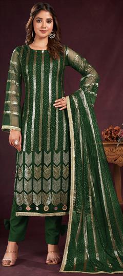 Festive, Party Wear, Reception Green color Salwar Kameez in Net fabric with Straight Embroidered, Sequence, Thread work : 1929178