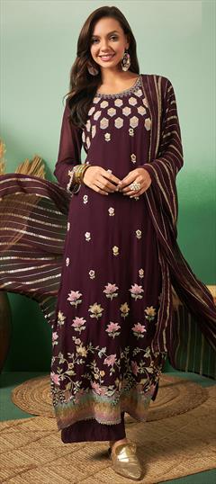 Festive, Party Wear Purple and Violet color Salwar Kameez in Georgette fabric with Pakistani, Straight Embroidered, Resham, Sequence, Thread work : 1929197